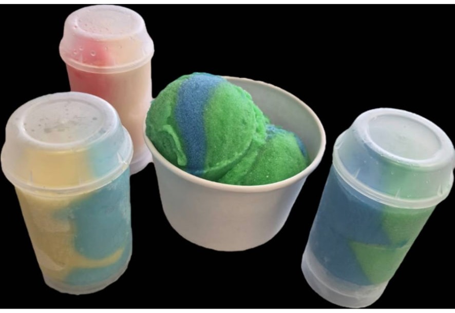Water ice cups and a bowl of swirled scoops