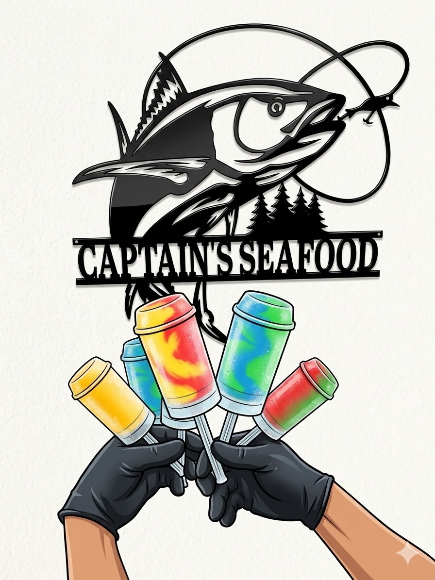 Captain's Seafood logo with marlin and water ice treats